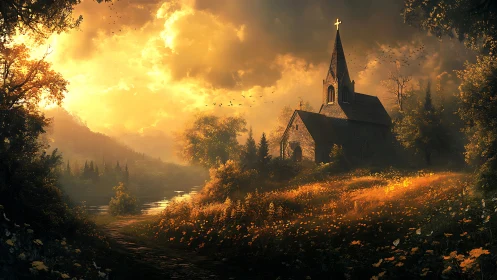 Sunlit country church amid forest and wildflower meadow.