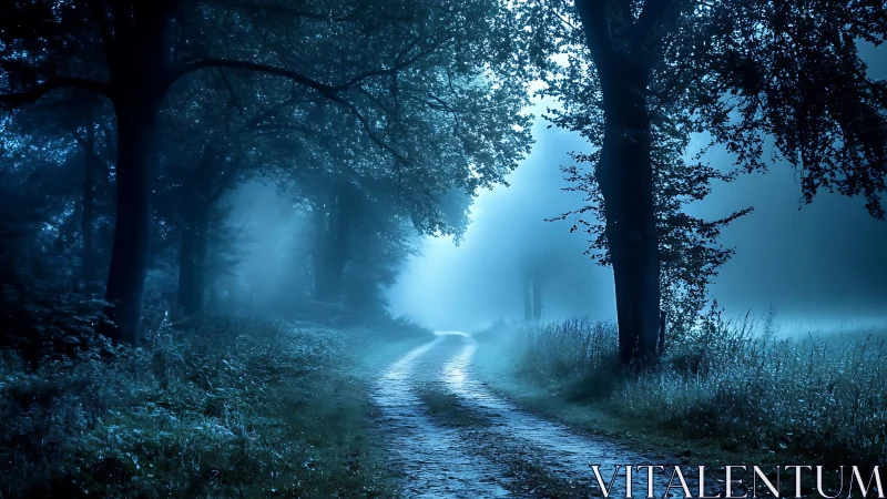 Moonlit forest path curves through misty blue twilight.