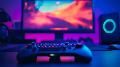 Neon-night gamepad altar beneath a blazing fantasy screen.