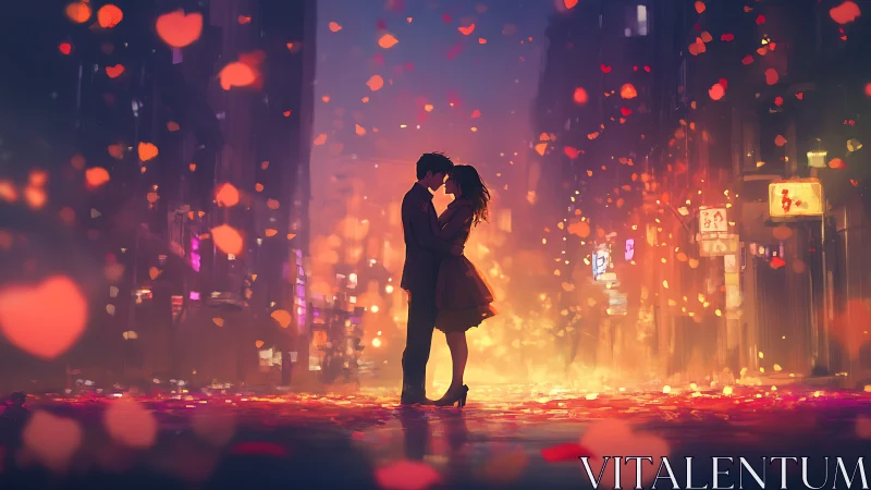 Romantic couple kissing in neon-lit city street with floating hearts