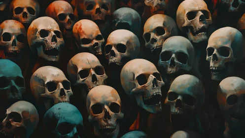 Crowded human skulls under moody teal and ember light.