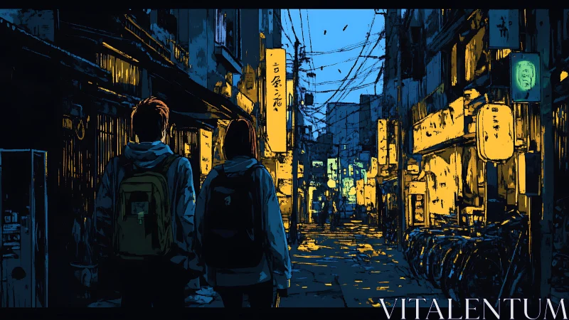 Blue dusk wanderers in a lantern-lit city backstreet.