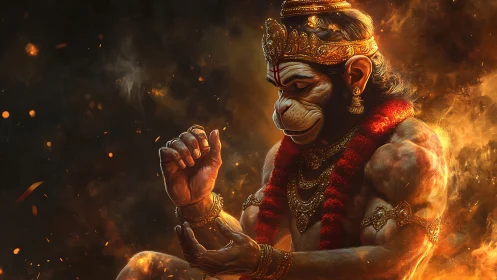 Mythic simian warrior in incendiary devotional aura.
