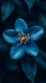 Azure Five-Petaled Bloom with Golden Stamen Center. Macro botanical photography.
