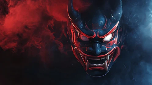 Demonic oni mask emerging through red and blue smoke clouds.