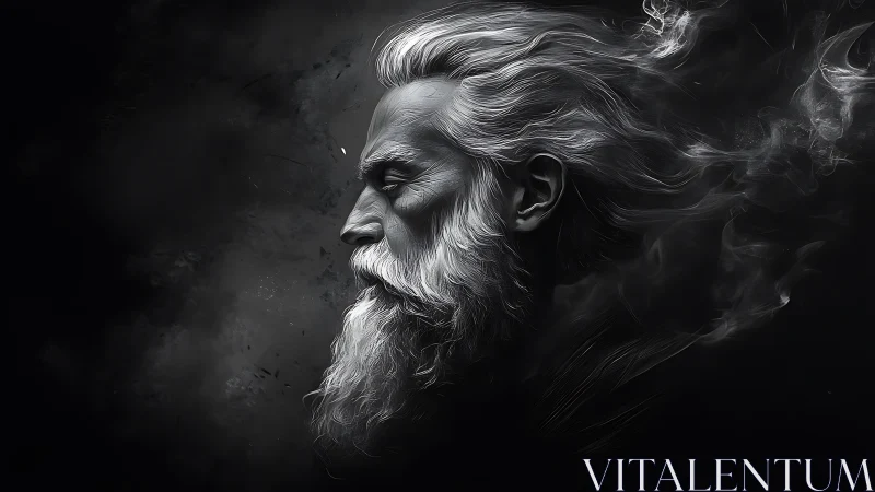 Storm-swept elder profile dissolving into swirling smoke.