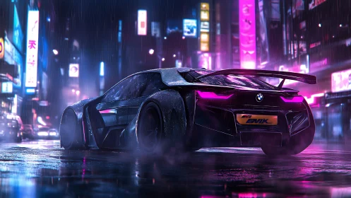 Neon storm racer prowls a rain-soaked cyber city street.
