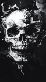 Monochrome vaporous skull rendered with high-contrast fluid dynamics