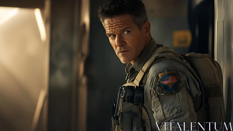 Battle-worn space ranger watches the corridor for trouble.