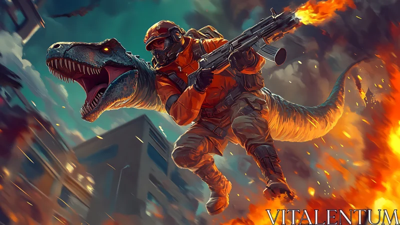 Fearless rider and roaring dinosaur charge through flames.