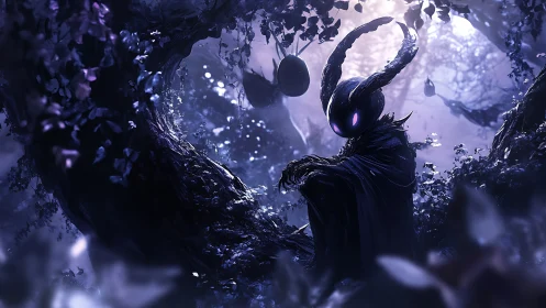 Horned shadow sentinel in bioluminescent twilight forest.