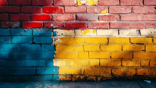 Color-blocked brick wall shows bold red, blue, yellow bands.