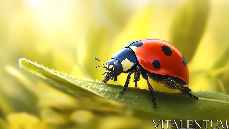 Macro ladybug on leaf in soft golden bokeh light.