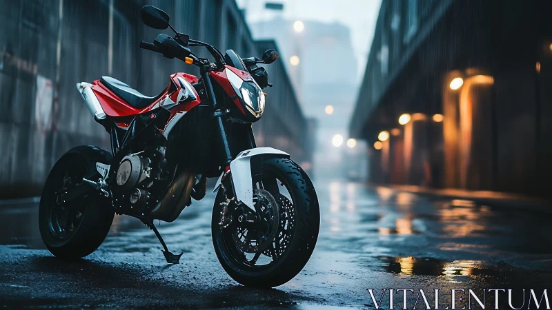 Red street motorcycle on wet urban alleyway at dusk.