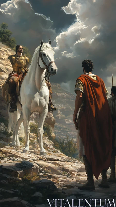 Stormlit war council pauses upon a sun-scarred mountain path