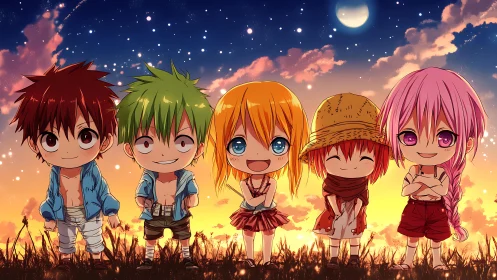 Starlit chibi crew grinning through a cotton candy dusk.
