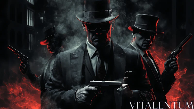 Noir gunmen emerge through red smoke in cinematic chiaroscuro.