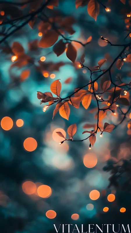 Warm bokeh lights entwine autumn leaves in teal twilight.