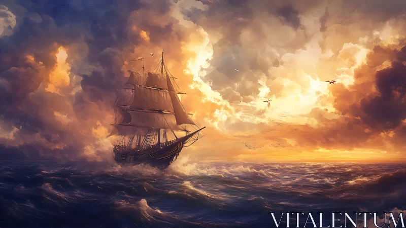Sunlit tall ship amid luminous storm-tossed waves at sea.