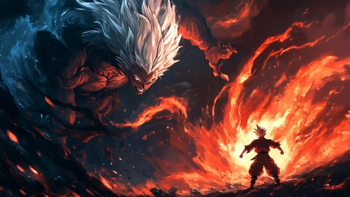 White haired warrior descends toward fighter in firestorm