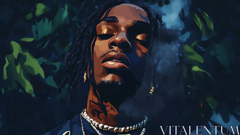 Calm confidence in a dreamy night portrait among leaves.