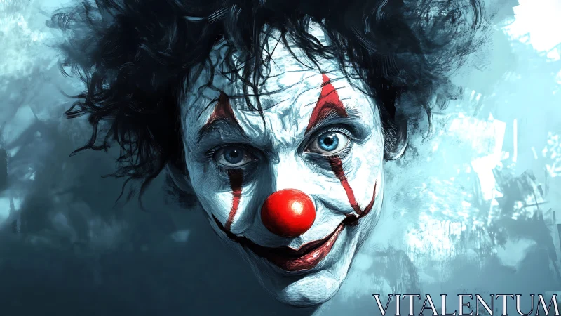 Eerie blue clown portrait with chaotic inky background.