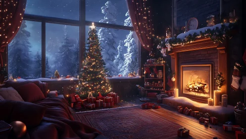 Snowy Christmas living room glows with warm festive light