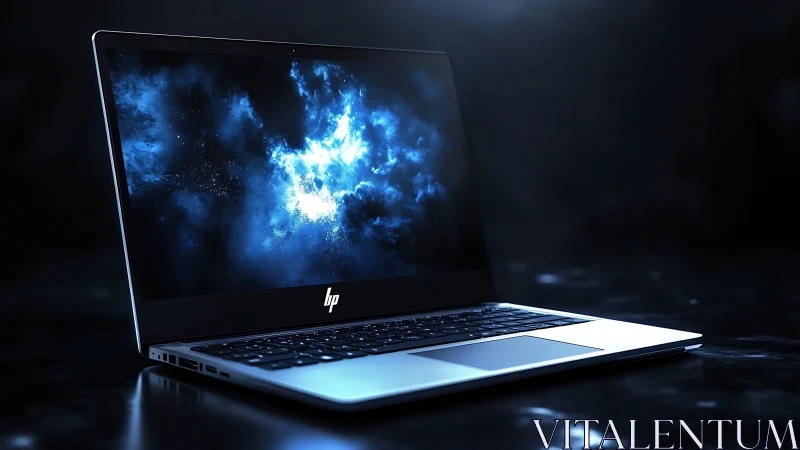 HP laptop displays luminous blue nebula on dark surface
