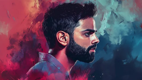 Profile portrait of man in stylized digital color field.