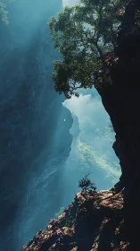 Sheer rock cliffs with lone trees in misty blue canyon.