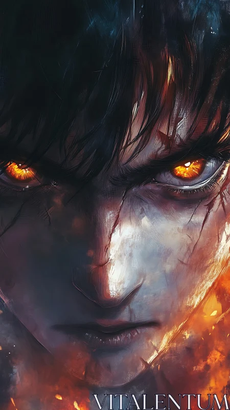 Intense close-up portrait shows fiery eyes and scorched face
