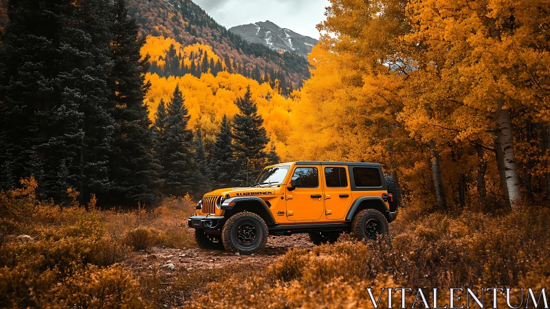 Bright off-road utility vehicle amid saturated autumn forest.