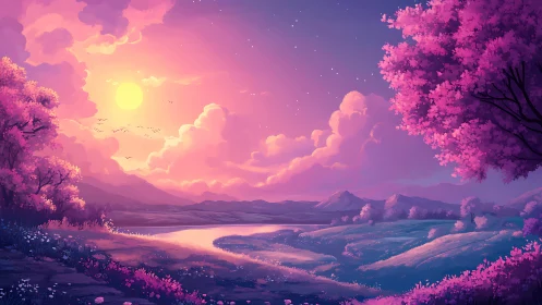 Dreamy pink sunset bathes a tranquil fantasy riverside valley