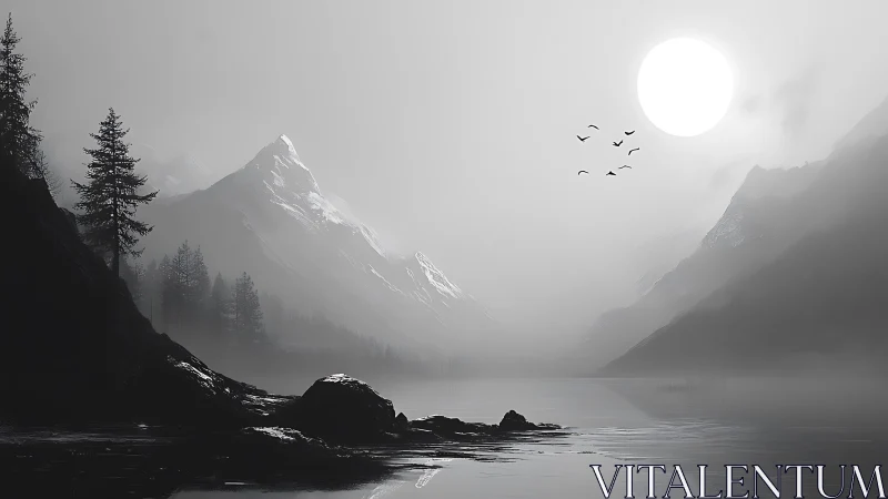 Monochrome mountain lake landscape with sun and distant birds.