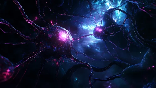 Neural network cluster glowing with bioluminescent energy.