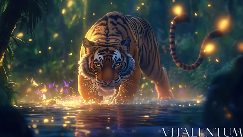 Mystic jungle tiger stalking through glowing river dusk.