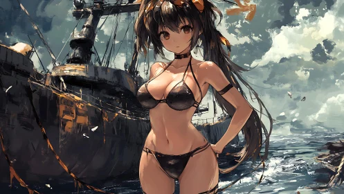 Anime woman in black bikini standing before battleship scene.