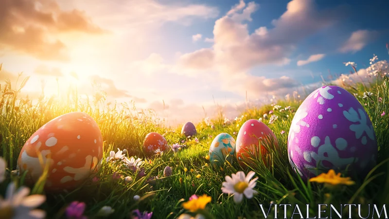 Irradiated meadow perspective with patterned Easter macro eggs.