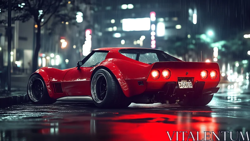 Red sports car waits in neon‑lit rain on city streets