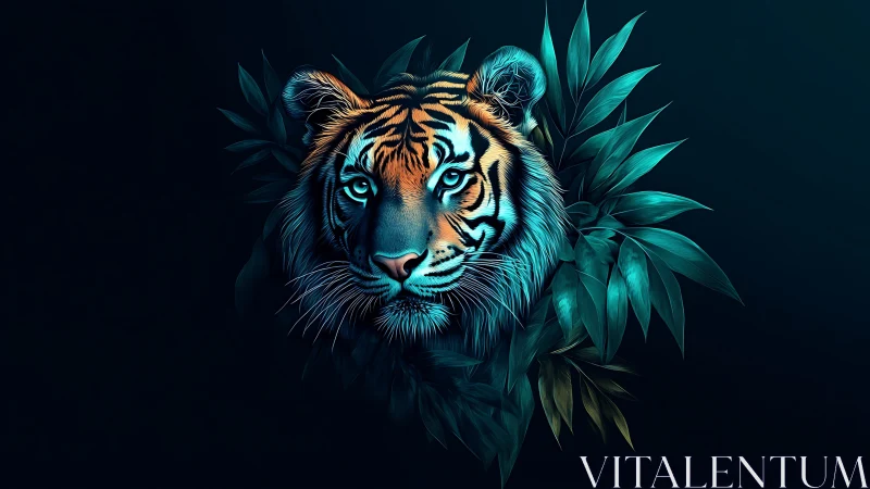 Mystic neon tiger emerges from lush teal jungle shadows