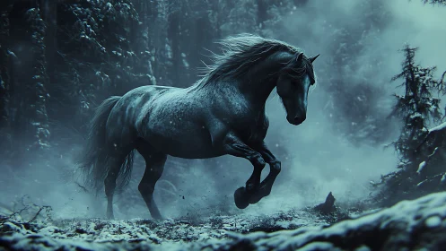 Midnight stallion carves stormlit strides through frozen pines