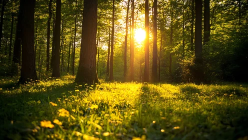 Sunlit forest clearing with tall trees in serene morning light.