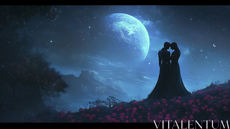 Lovers Beneath Luminous Moon in Twilight Garden.