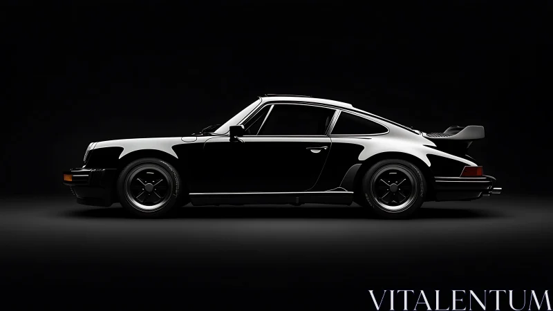 Classic black sports coupe stands in dramatic studio shadow