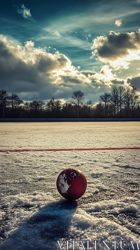Red ball on frozen field under dramatic winter sky.