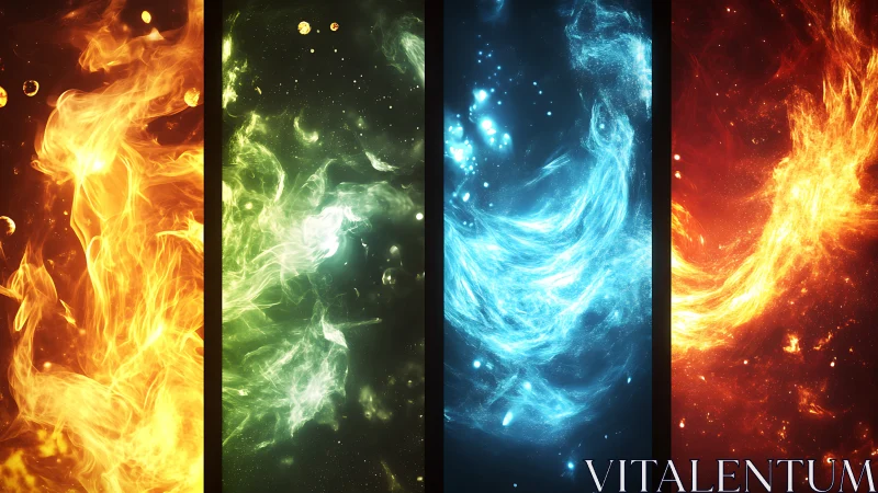 Elemental nebulae converge in glowing vertical quadrants.