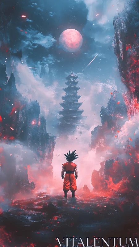 Firelit warrior studies the moonlit pagoda beyond chaos