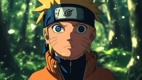 Anime portrait in forest with focused central character lighting.