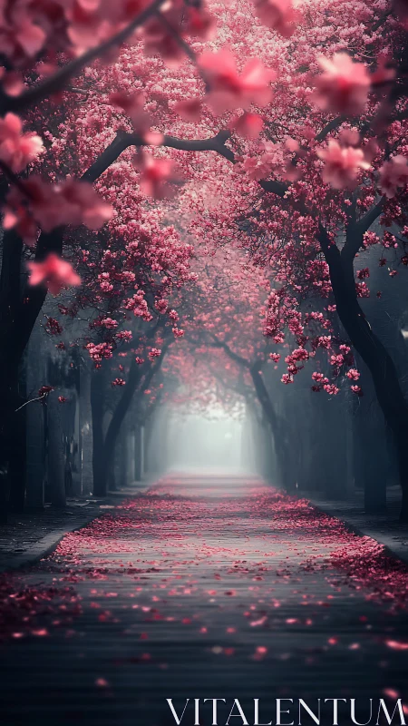 Misty cherry blossom avenue with cinematic depth of field.