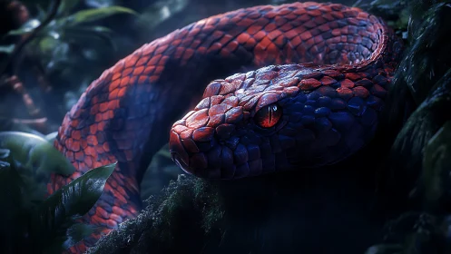 Crimson eclipse serpent coils in misty bioluminescent jungle.